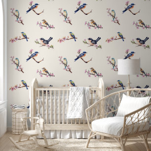 Papier Peint Petits oiseaux sur branche d'arbre en fleurs blanc