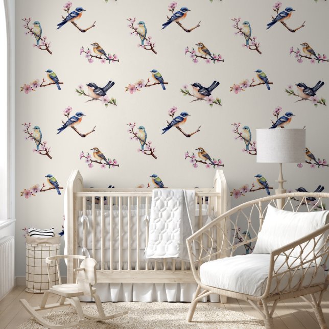 Papier Peint Petits oiseaux sur branche d'arbre en fleurs blanc (Enfants)