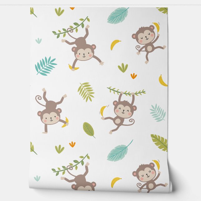 Papier Peint Petits singes mignons avec bananes et feuilles de  (Déroulement)