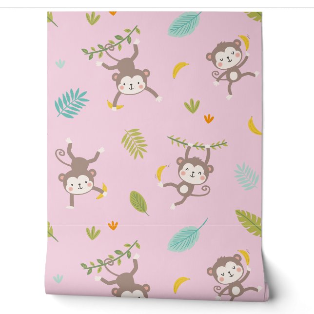 Papier Peint Petits singes mignons avec bananes et feuilles ros (Déroulement)
