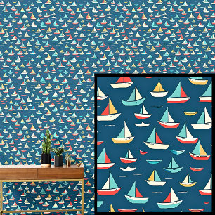 Papier Peint Petits voiliers Bateaux, Bleu Rouge Nautique