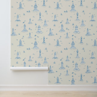 Papier Peint Phare Toile de Jouy Bleu Clair et Crème Côtière