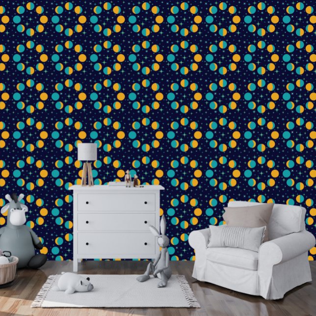 Papier Peint Phases de lune pour enfant et Star Twinkles Bleu f (Kid's Room or Playroom Moon Phases and Stars Twinkles Dark Blue | Golden Yellow | Aqua Wallpaper)
