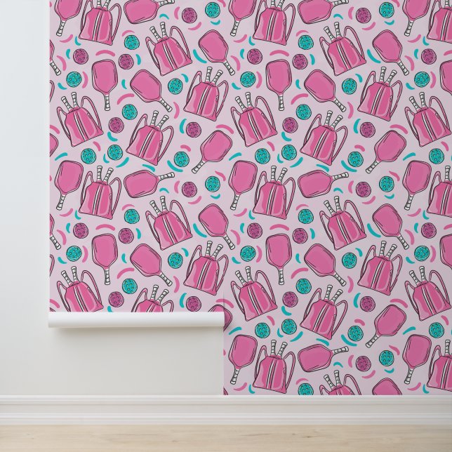 Papier Peint Pickleball rose Paddle bleu rose Pink Ball Preppy (Application)