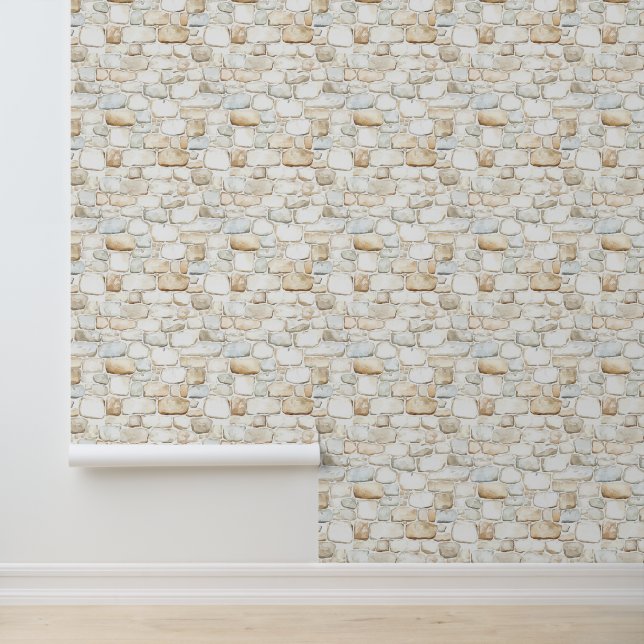 Papier Peint Pierres Fausse Grises Blanc Crème  (Application)