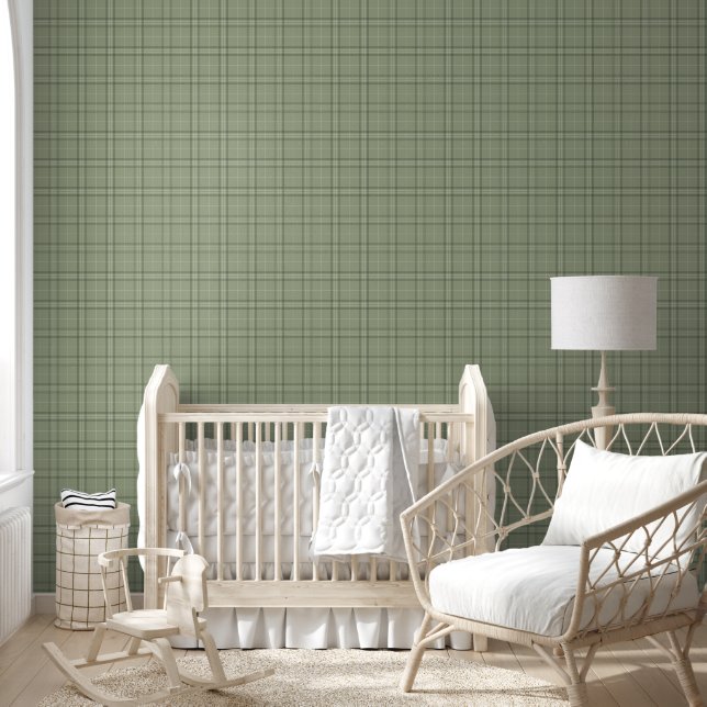 Papier Peint Pine Deer Plaid - sauge vert cabincore tartan. (Enfants)