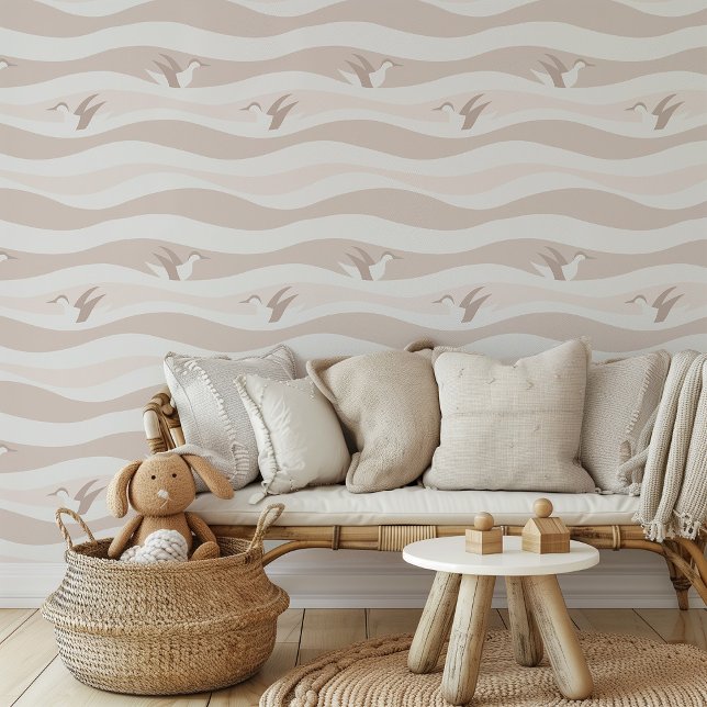 Papier Peint Pingouins joueurs dans des vagues douces - Beige e (Créateur téléchargé)