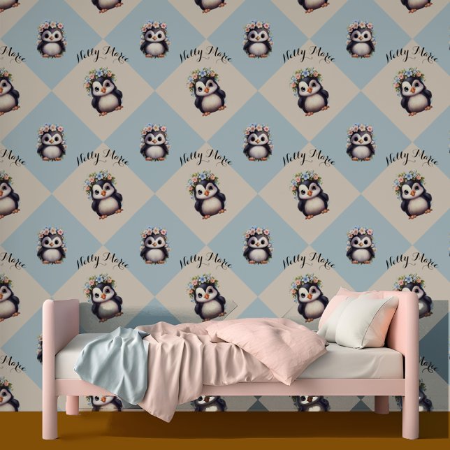 Papier Peint Pingouins mignons avec nom et texte bilingue facul (Bilingual Spanish Cute penguins custom name & personalized wallpaper.  Multilingual Project)