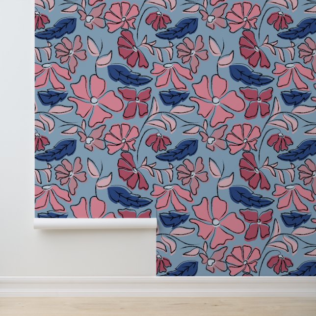 Papier Peint Pink and Blue Hand Drake Floral Block Print (Application)