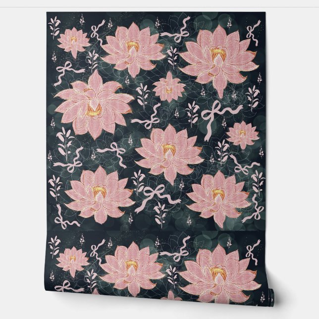 Papier Peint Pink Floral Wallpaper on Dark Background – Elegant (Déroulement)