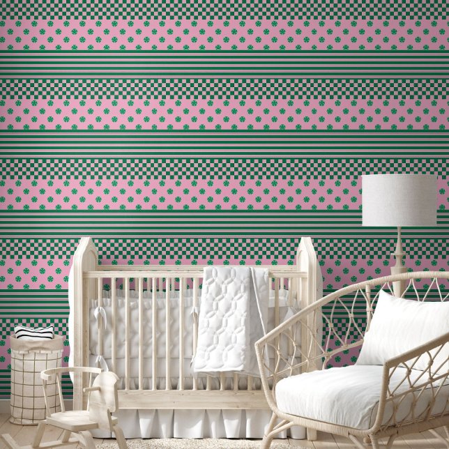 Papier Peint Pink Green Boho Check Floral Stripes Motif (Créateur téléchargé)