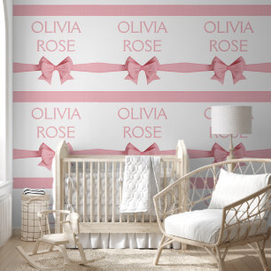 Papier Peint Pink Linen Ruban Bows Baby Name Wallpaper