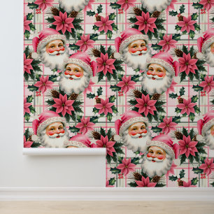 Papier Peint Pink Retro Santa Claus Noël Floral Plaid