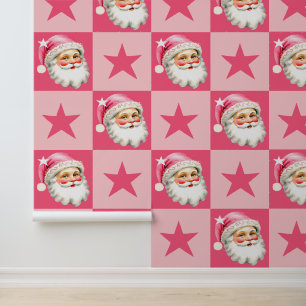 Papier Peint Pink Retro Santa Claus Pink Tartan Plaid Noël