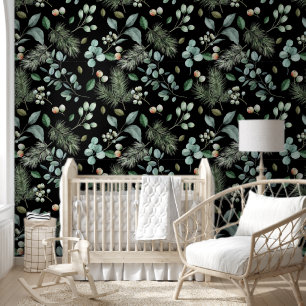 Papier Peint Pins et feuilles de style rustique vert sur fond n