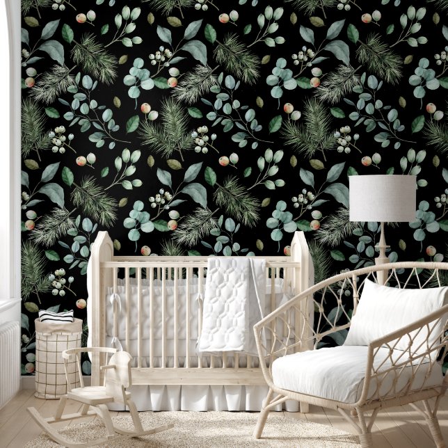 Papier Peint Pins et feuilles de style rustique vert sur fond n (Enfants)