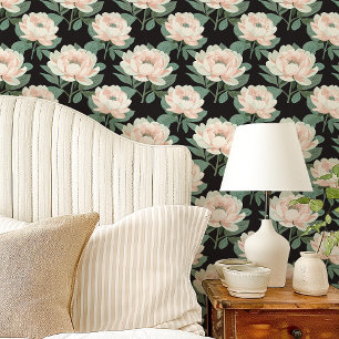 Papier Peint Pivoines Rose Pâle sur Fond Floral Noir