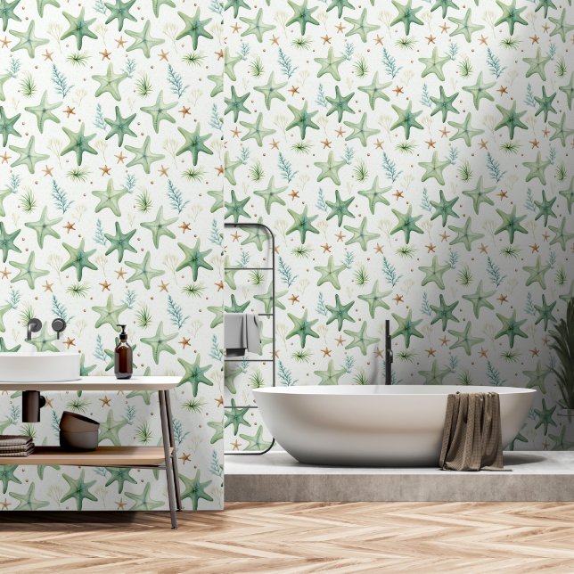 Papier Peint Plage motif transparente couleur vert Starfish (Salle de bain)