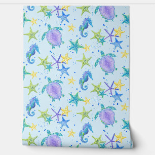 Papier Peint Plage Tortue de mer Hippocampe Aquarelle Starfish 