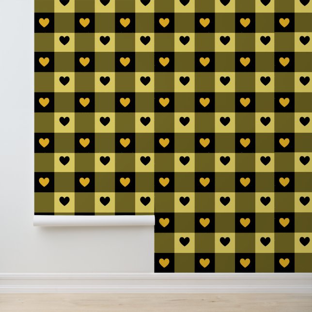 Papier Peint Plaid & Hearts mignon Fun Black & Yellow Nursery (Application)