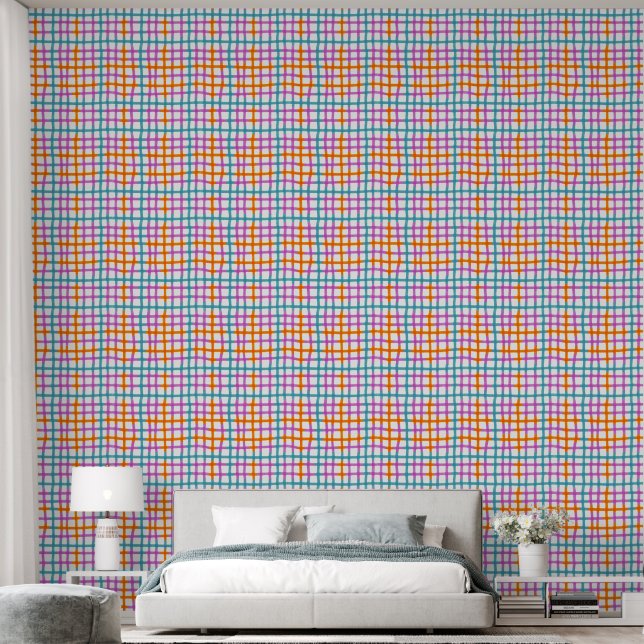 Papier Peint Plaid Rose, Bleu, Orange (L) (Chambre à coucher)