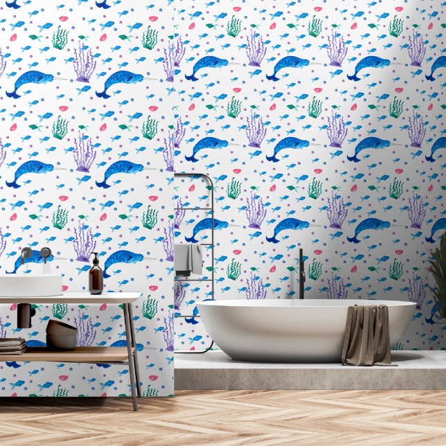 Papier Peint Plantes de mer et baleine bleue (Salle de bain)