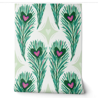 Papier Peint Plume de paon 24" avec cœur rose - Vert