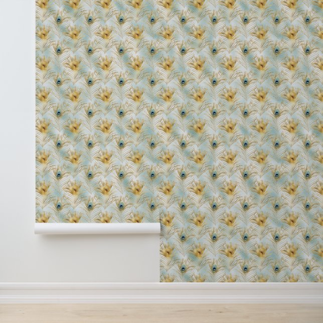 Papier Peint Plumes Aqua Gold Peacock (Application)