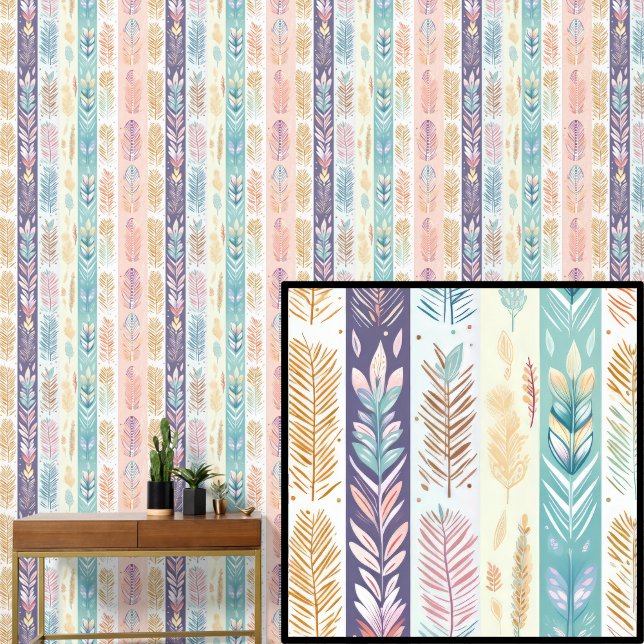 Papier Peint Plumes bohèmes couleurs pastel rayées (Créateur téléchargé)