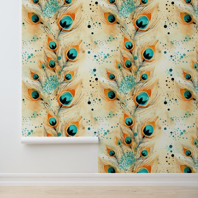 Papier Peint Plumes de paon orange Turquoise Tangerine Aqua (Application)