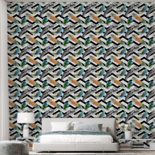 Papier Peint Plumes d'oiseaux colorées avec zigzag noir et blan