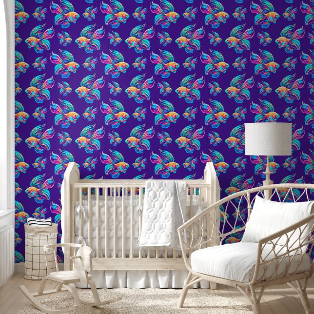 Papier Peint Poissons occupés Bleu profond (Enfants)