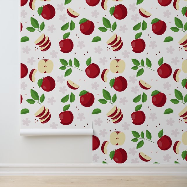 Papier Peint Pommes rouges, fleurs et Motif de verdure (Application)