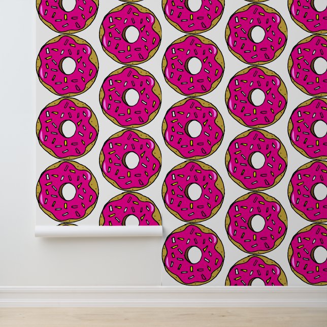 Papier Peint Popart Bright Pink Donuts Nourriture Motif Cuisine (Application)