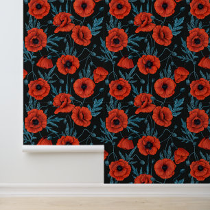 Papier Peint Poppies, rouge et bleu sur noir
