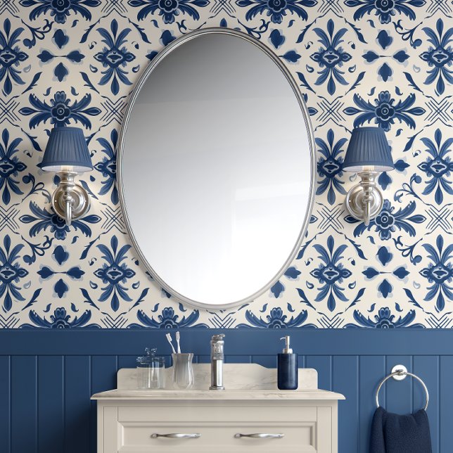 Papier Peint Portugais Azulejo Elegance - Bleu et Hors Blanc ( Portuguese Azulejo Elegance - Blue and Off-White - Traditional Style Peel and Stick Wallpaper)