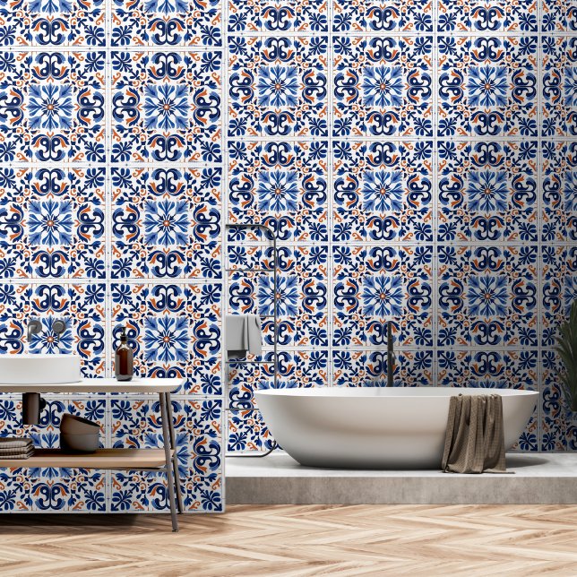 Papier Peint Portugais Bleu Rouge Blanc Azulejo Motif de carrea (Salle de bain)