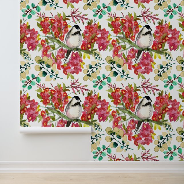 Papier Peint Poulet D'Aquarelle Sur Branche Florale Rose (Application)