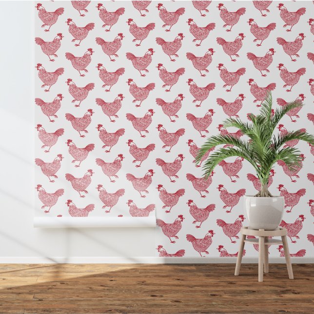 Papier Peint Poulet Hen Farm Pays Rouge Blanc (Chicken hen poultry art wallpaper)