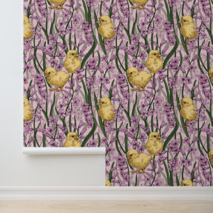 Papier Peint Poulets et hyacinthes roses