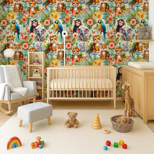 Papier Peint pour Nurserie Tropicale Animaux de la (Baby Jungle Animals Tropical Nursery Wallpaper)