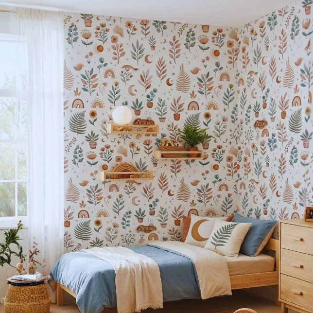 Papier Peint pour Nursery Boho Neutre Arc-en-Ciel  (Boho Floral Nursery Wallpaper | Botanical Baby Room Wall Mural Decor)