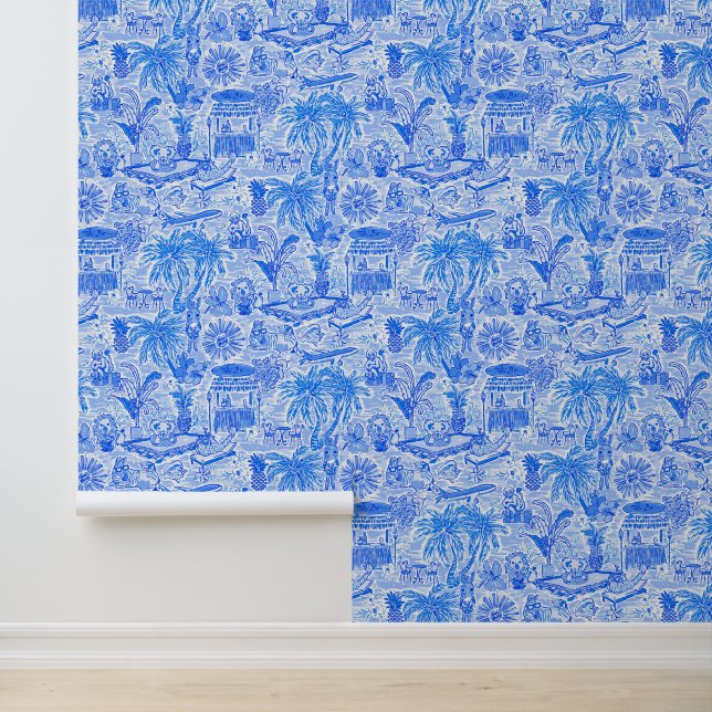 Papier Peint Preppy Palm Beach Bleu & Blanc Vacances Animaux (Application)