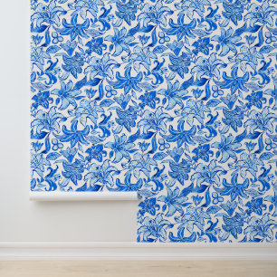 Papier Peint Preppy Palm Beach Bleu et Fleurs blanches