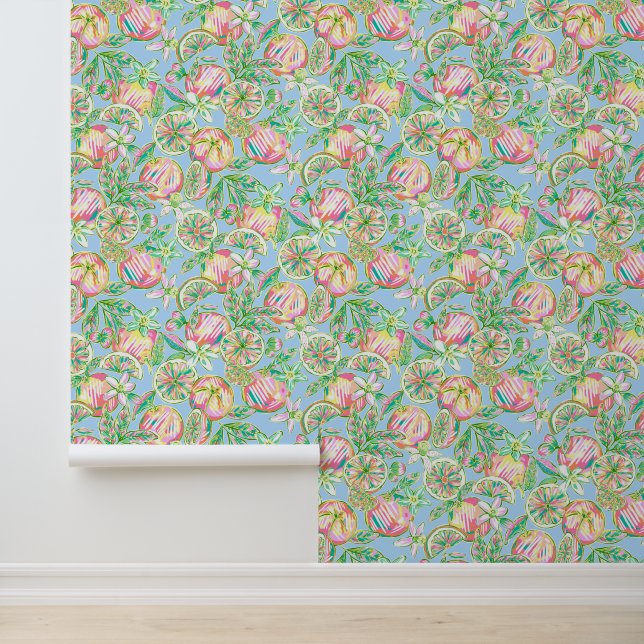 Papier Peint Preppy Palm Beach Bleu & Oranges roses (Application)