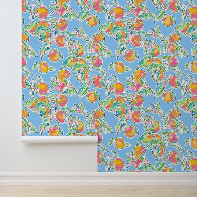 Papier Peint Preppy Palm Beach Blue avec Oranges (Application)