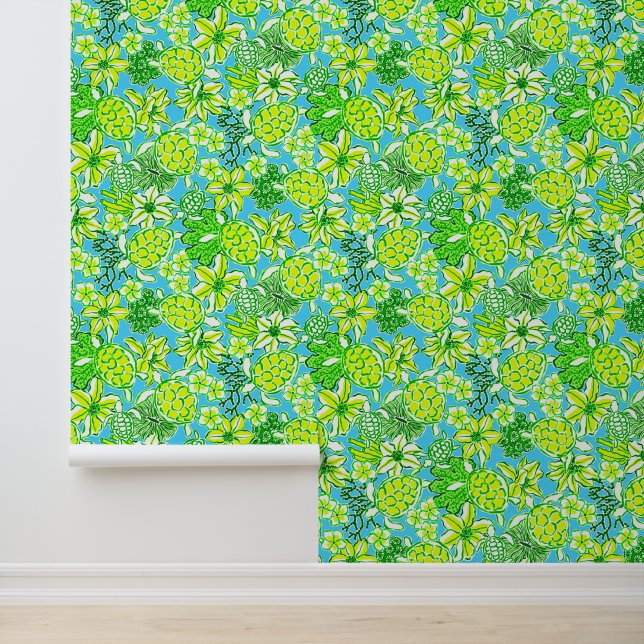 Papier Peint Preppy Palm Beach Blue & Green Turtles (Application)