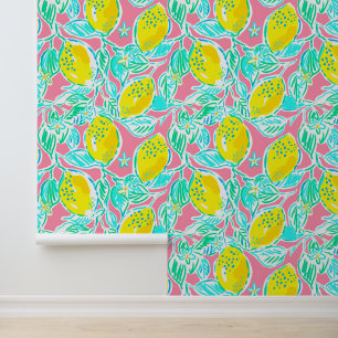 Papier Peint Preppy Palm Beach Citrons rose et jaune