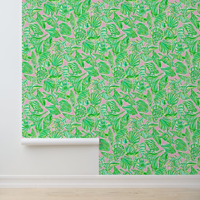 Papier Peint Preppy Palm Beach Coquillages rose et vert (Application)