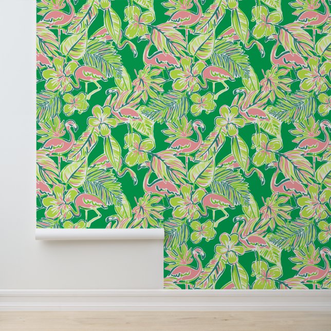 Papier Peint Preppy Palm Beach Flamants roses rose et vert (Application)
